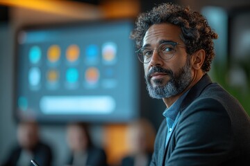Fototapeta premium Professional man with curly hair and glasses in a modern office setting, looking thoughtfully at the camera during a business meeting with digital screen in background