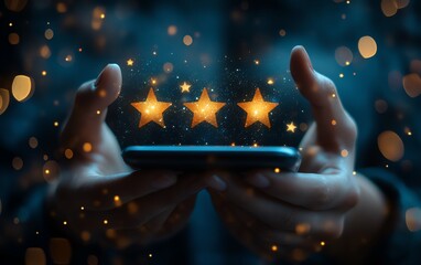 Client giving high satisfaction rating on a mobile feedback survey, glowing 5star rating icons, service reputation and quality evaluation, futuristic mobile app design