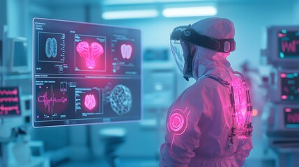 Health info, patient and management concept: Digital health records projected in a vibrant holographic interface, emphasizing smart healthcare solutions.