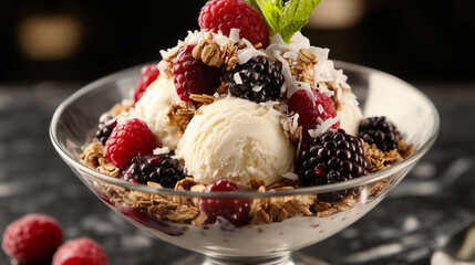 Vibrant Healthy Dessert Bowl with Dairy-Free Ice Cream, Crunchy Granola, Juicy Berries, and Shredded Coconut.
