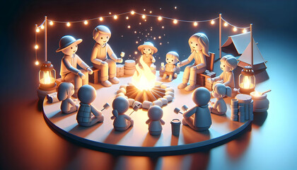3D Family Campfire Gathering at Dusk with Space for Text