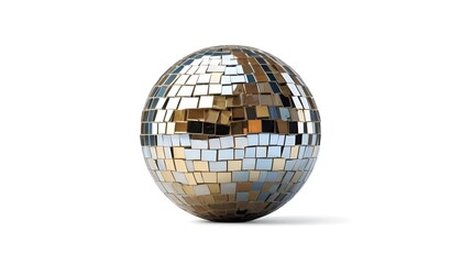 A golden disco ball with reflective mirror tiles