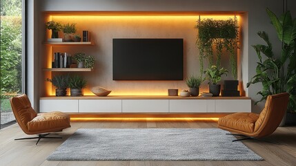 Modern Living Room Design with Sleek Lines, Warm Lighting, Stylish Furnishings, and Decorative Greenery in an Inviting Indoor Space