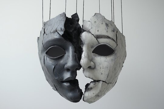 A surrealist collage of a broken theater mask of tragedy and comedy, with puppet strings hanging down from each side, two masks