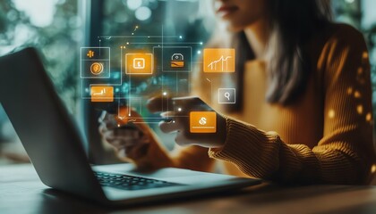 Fototapeta premium Digital banking interface with a person displaying financial technology icons, online payment systems, and currency symbols, vibrant ecommerce concept, ultrarealistic design