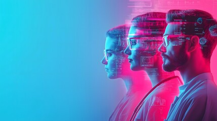 Health info, patient and management concept: Diverse medical professionals collaborating on a digital interface, modern health management.