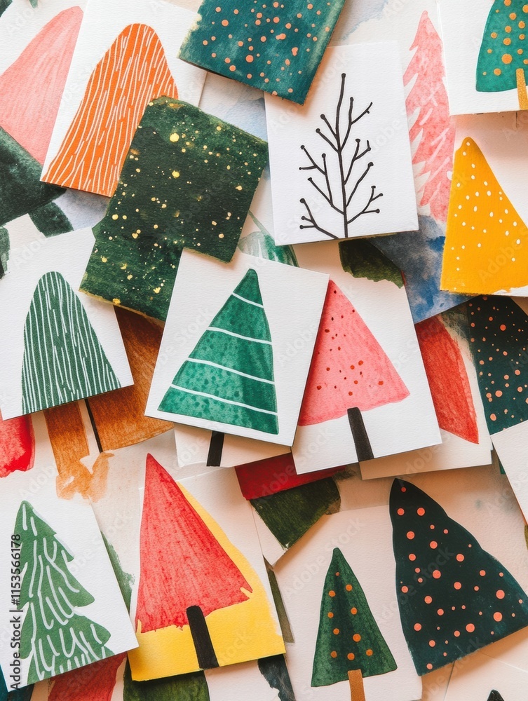 Poster handmade christmas cards featuring colorful trees and festive designs arranged on a creative workspa