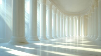 Elegant classical hall with white columns and soft sunlight. Generative AI