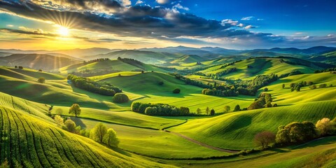 Obraz premium Panoramic Landscape: Breathtaking 360° View of Rolling Hills and Lush Green Valley