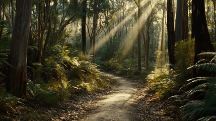 Sunbeams illuminate a path winding through a lush, green forest with ferns and tall trees.