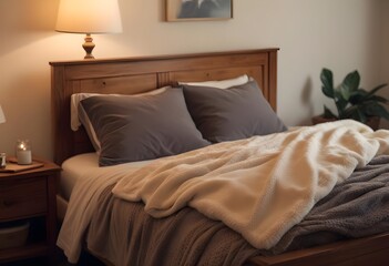 A cozy bedroom with a plush blanket and pillow on a wooden bed frame, with a lamp visible in the background