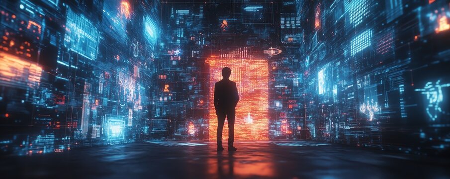 Futuristic digital marketing scene with a person engaging with data analytics, online sales strategies, and targeted advertising, glowing virtual icons, ultradetailed 4K quality