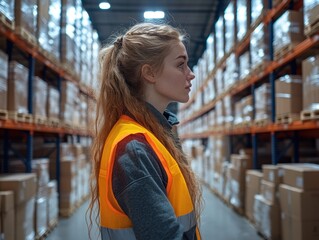 Fototapeta premium Profile of a Young Female Warehouse Worker with Long Hair Wearing a Safety Vest, Standing Against an Industrial Warehouse Background Filled with Boxes