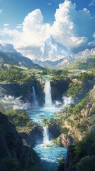 Fototapeta premium Breathtaking waterfall cascade in serene nature landscape anime style with clean lineart and vibrant colors