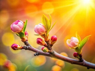 Fototapeta premium Panoramic Spring: Three Delicate Buds on a Branch