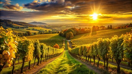 Fototapeta premium Panoramic Sunlit Vineyard: Golden Hour Grape Vines & Scenic Countryside