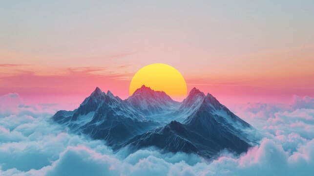 Dreamy anime sunset over mountains coral and yellow palette cloudy sky landscape serene viewpoint