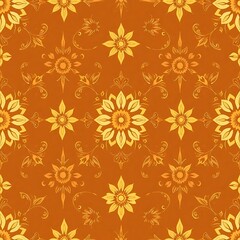 Fototapeta premium Sunflowers and Swirls: A vibrant and warm seamless pattern featuring stylized sunflowers on a rich brown background, reminiscent of a vintage tapestry.