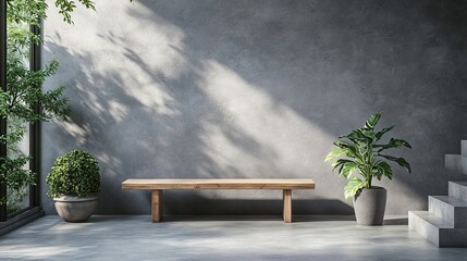 Wooden bench near a grey wall and staircase in a welcoming entryway