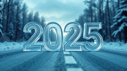 Number 2025 made of ice on road, happy cold new year.