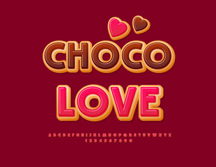Vector Sweet card Choco Love. Delicious Donut Font. Cake style Alphabet Letters and Numbers set.