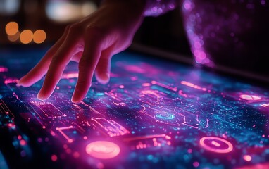 Person interacting with a futuristic marketing interface displaying audience data, customer targeting metrics, strategic planning, vibrant neon colors, ultradetailed 4K