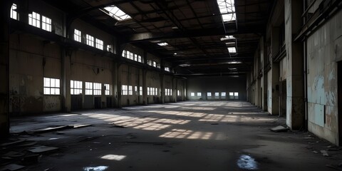 A massive, abandoned factory with rusted machinery and crumbling walls , the space appears to be abandoned or unused , with a sense of emptiness and decay 