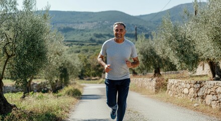 Mature caucasian man jogging outdoors in scenic rural landscape for fitness and wellbeing