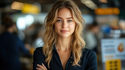 Obraz premium Young woman with wavy hair smiling confidently in a modern indoor space, showcasing natural beauty and a relaxed demeanor amid a busy atmosphere.