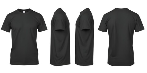 A black t-shirt from multiple angles, showing the front, back, and side views