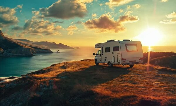 A camper van parked by a scenic lakeside during sunset.