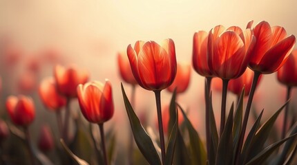 Fototapeta premium red and yellow tulips in the garden at sunset 
