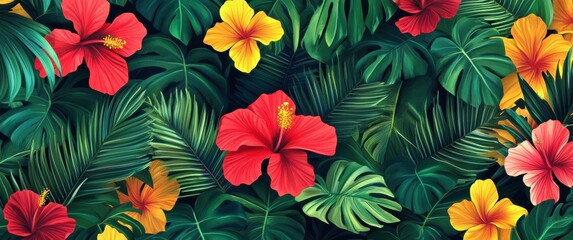 A vibrant and colorful tropical floral pattern with lush green palm leaves, bright red hibiscus flowers, and yellow sunset colors. 