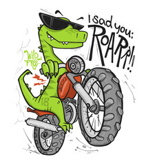 Dinosaur riding a motorbike vector print design
