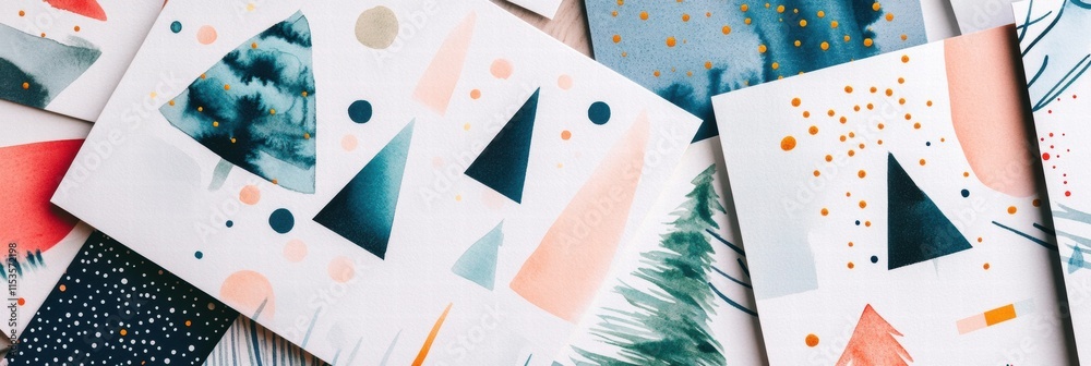 Poster christmas cards showcasing artistic designs with festive colors and patterns laid out on a flat surf