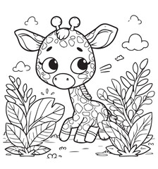Coloring book giraffe with nature garden 