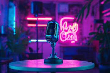 Podcast microphone in studio and Neon lights stroke in backwall