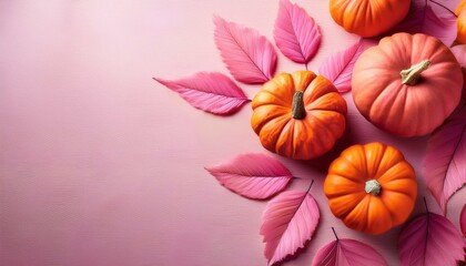 autumn arrangement of pumpkins with pink leaves