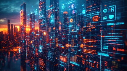 Obraz premium Futuristic city skyline with digital holograms featuring technology interfaces, data visualization, and illuminated buildings during sunset at twilight