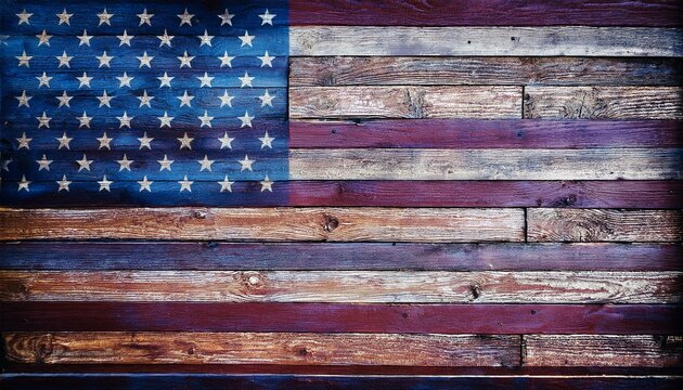 rustic brown vintage wooden board heritage with antique worn paint in american flag purple white and blue shades
