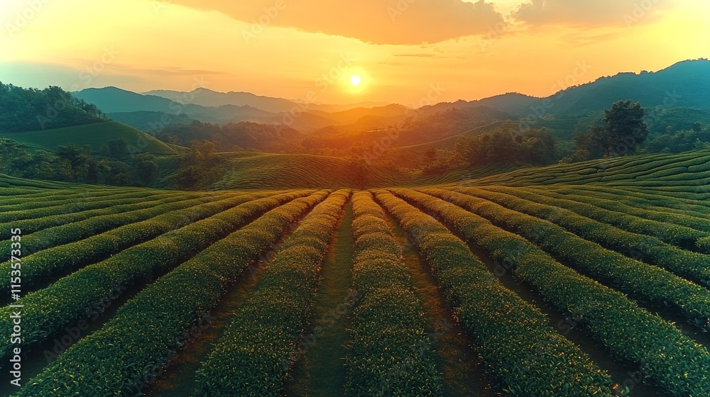 Poster golden sunlight casts a warm glow over expansive tea fields in a mountainous area. rows of greenery 