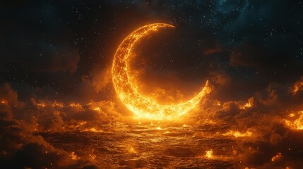 Fiery crescent moon above fiery clouds and sea at night.