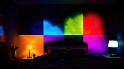A bedroom with black walls is illuminated by the distinct splitting and glowing of bioluminescent colors. In bold, separated areas, the effects of natural light produce a bright radiance.