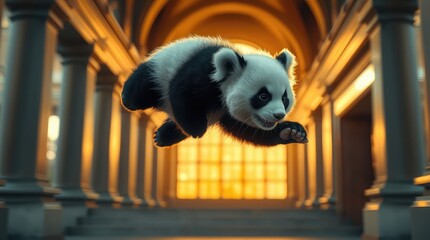 Obraz premium Wide angles, crisp structures, blurred lines, a dazzling, opulent aura, and a dynamic baby panda in motion are all features of this architectural color shot.