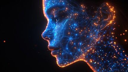 Abstract representation of a woman's profile created with vibrant blue and orange lights symbolizing technology, innovation, and digital connectivity in a dark setting
