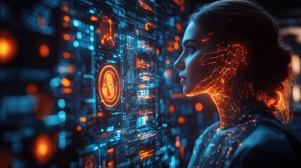 Fototapeta premium Futuristic Profile of a Young Woman Surrounded by Digital Data, Connecting Technology and Humanity in a Dynamic Virtual Environment