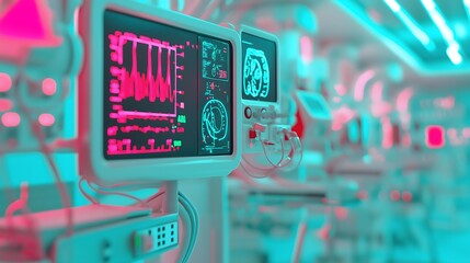 Health info, patient and management concept: Advanced ICU setup with automated health monitoring, modern patient management.