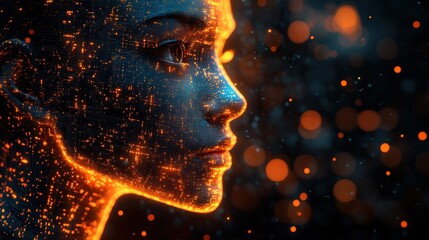 Digital Profile of a Woman Illuminated with Vibrant Orange Particles Against a Dark Background, Representing Technology and Innovation in a Futuristic Context
