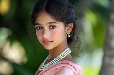 Naklejka premium Beautiful young woman wearing a pink ao dai and a pearl necklace