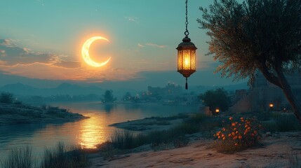 Obraz premium Crescent moon, lantern, river, and village at sunset.